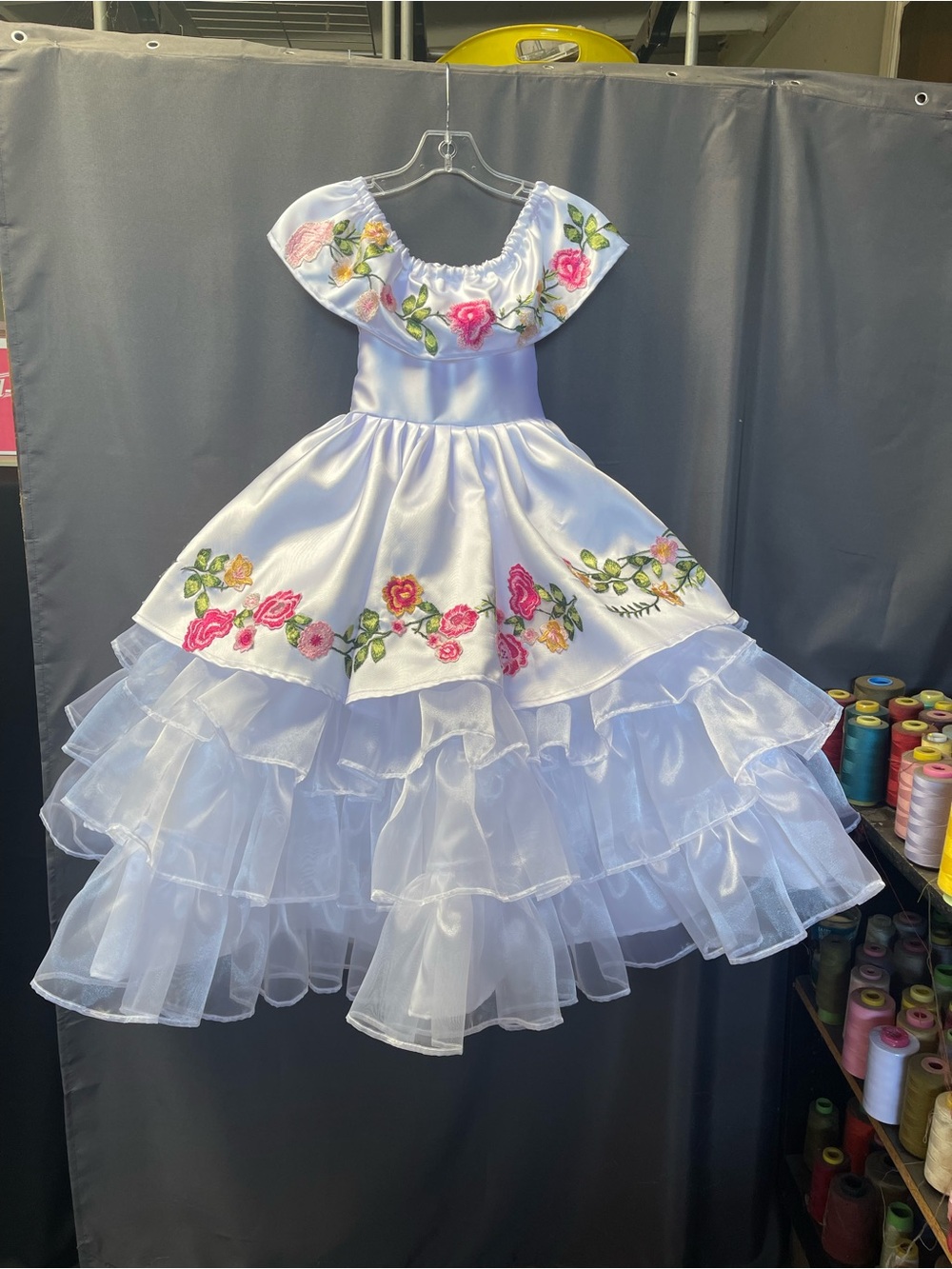 White Floral Embroidered Ruffled Girls' Costume Dress